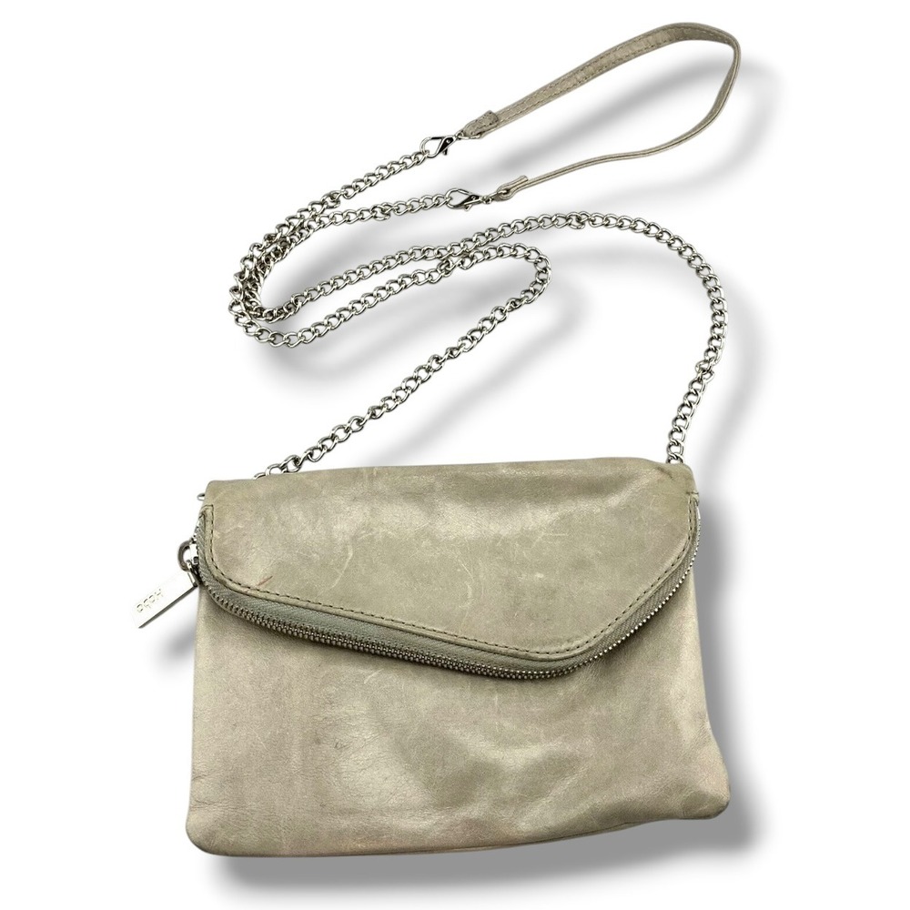 Hobo Fern Gray Distressed Leather Crossbody Bag Silver Chain Strap Purse